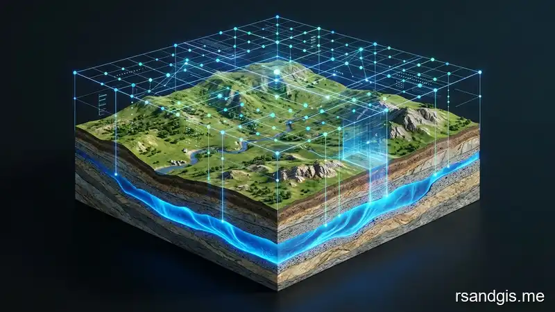 Conceptual illustration of 3D terrain conceptualization of artificial intelligence analyzing