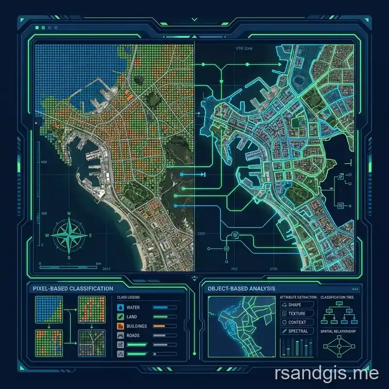 Conceptual illustration of object-based image analysis vs pixel-based classification in gee